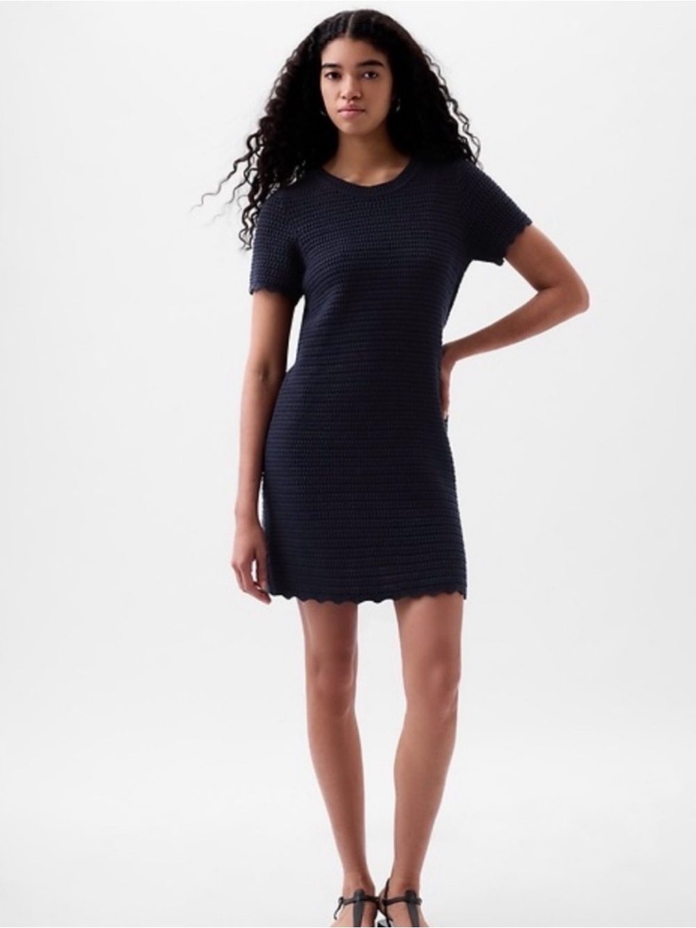 Gap 100% Cotton Crochet Knit Short Sleeve Mini Dress Navy Blue Size M Minimal